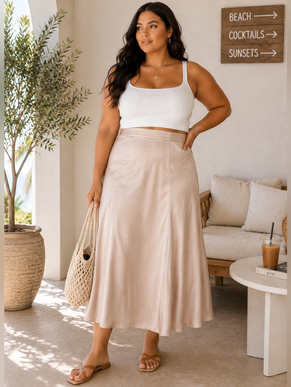 Love Riche Satin Cream A-Line Midi Skirt
